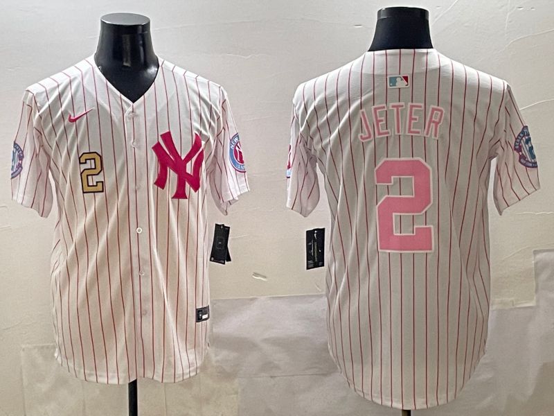 Men New York Yankees #2 Jeter Stripe Red Jointly Name 2025 Nike MLB Jersey style 4